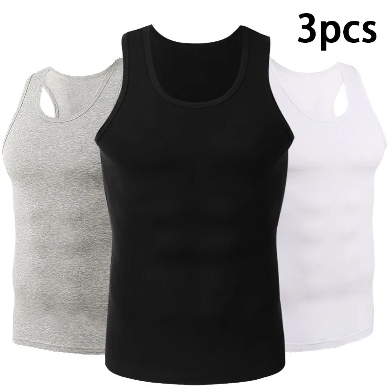 3pcs Pure Cotton Men Four Seasons Vest Teenagers Simple Fit Sports Fitness T-shirt Middle-aged Casual Sleeveless Tops L-4XL 1