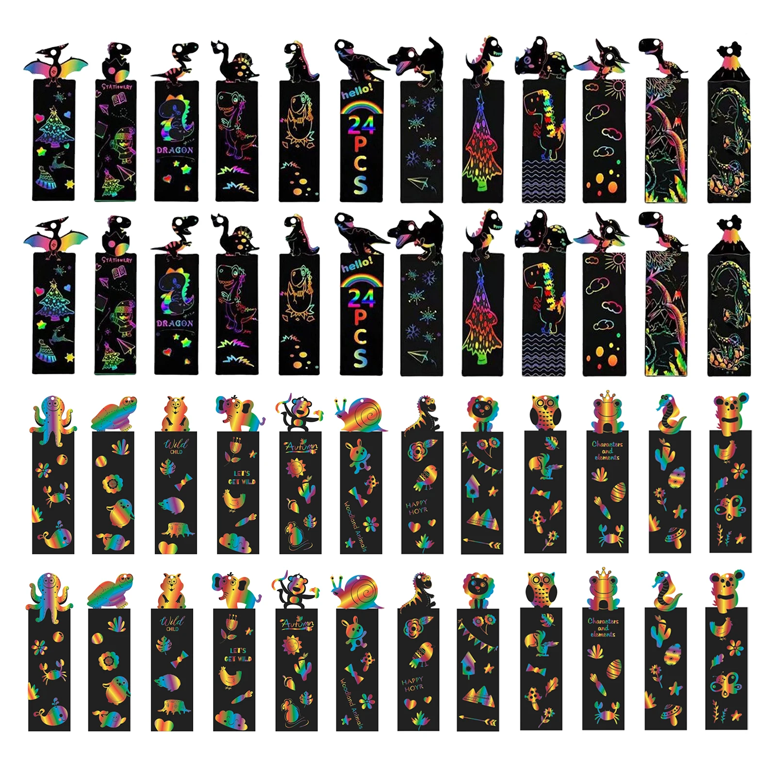 

48pcs Hang Tag Scratching Art Bookmark Gift DIY Craft Bamboo Stylus Classroom With Ribbon Rainbow Color For Kids Animal Theme