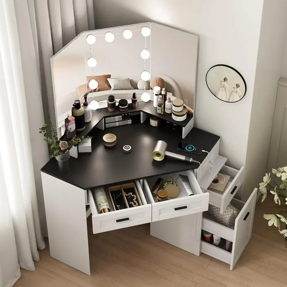 Corner Vanity Desk with Tri-Fold Mirror and Adjustable Light,Power Outlet, 3 Drawers, Sliding Cabinet, Open Shelves for Bedroom 5