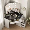 Corner Vanity Desk with Tri-Fold Mirror and Adjustable Light,Power Outlet, 3 Drawers, Sliding Cabinet, Open Shelves for Bedroom 5
