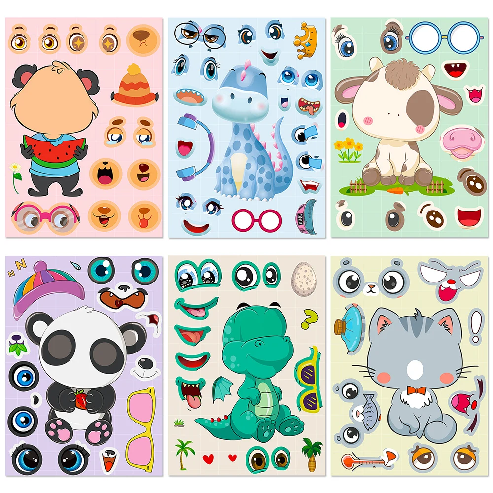 6/12Sheet Kawaii Cartoon Animal Children Puzzle Stickers Cat Dinosaur Decals Make a Face Assemble Jigsaw Sticker Education Toys children s puzzle magnetic book educat engineering fire car animal dinosaur princess early educat excavator refrigerator magnets