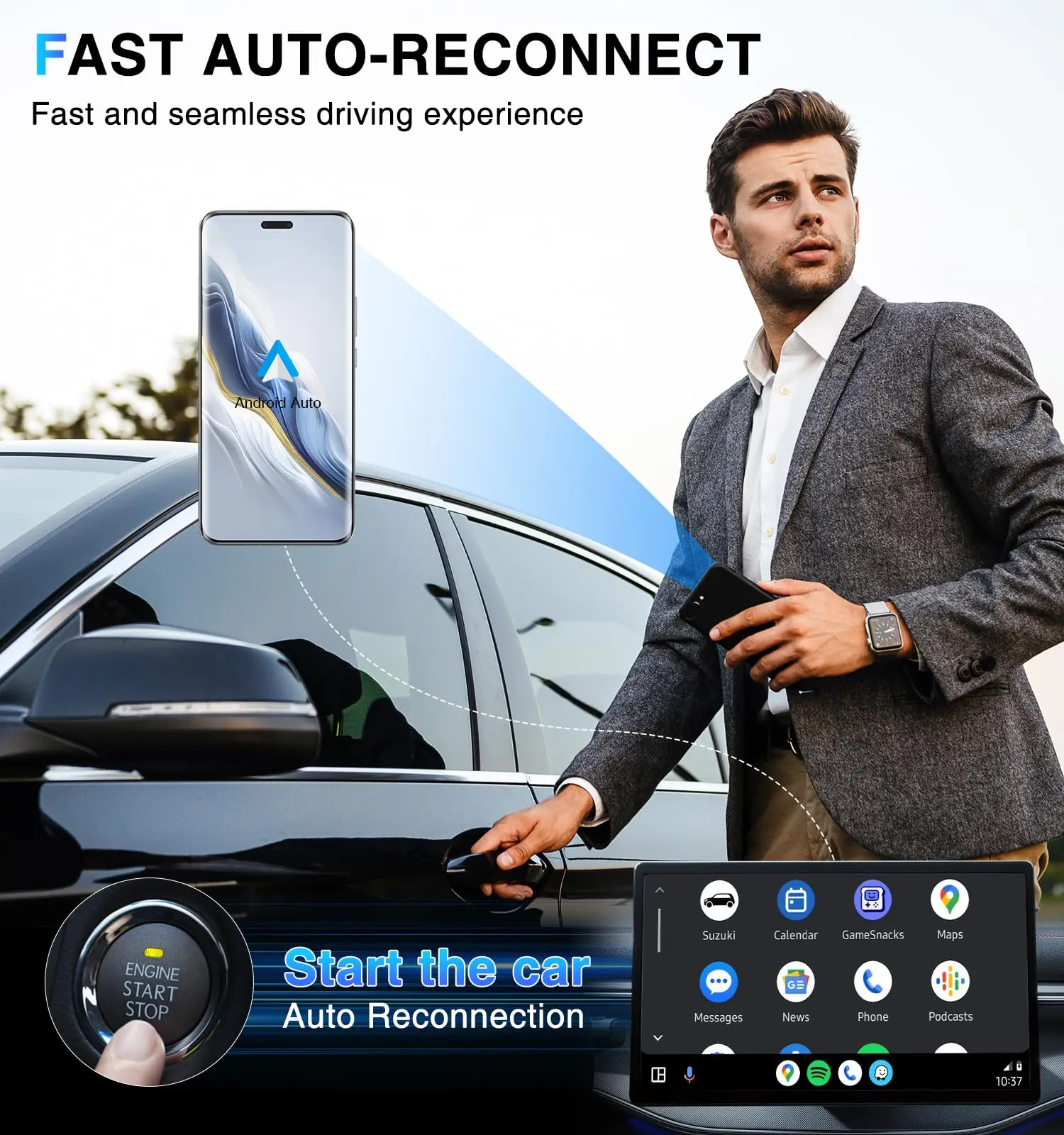 Wireless Android Auto Adapter for Android, Convert Wired to Wireless Android Auto Adapter, Mini Size with Extension USB-C/Type-C