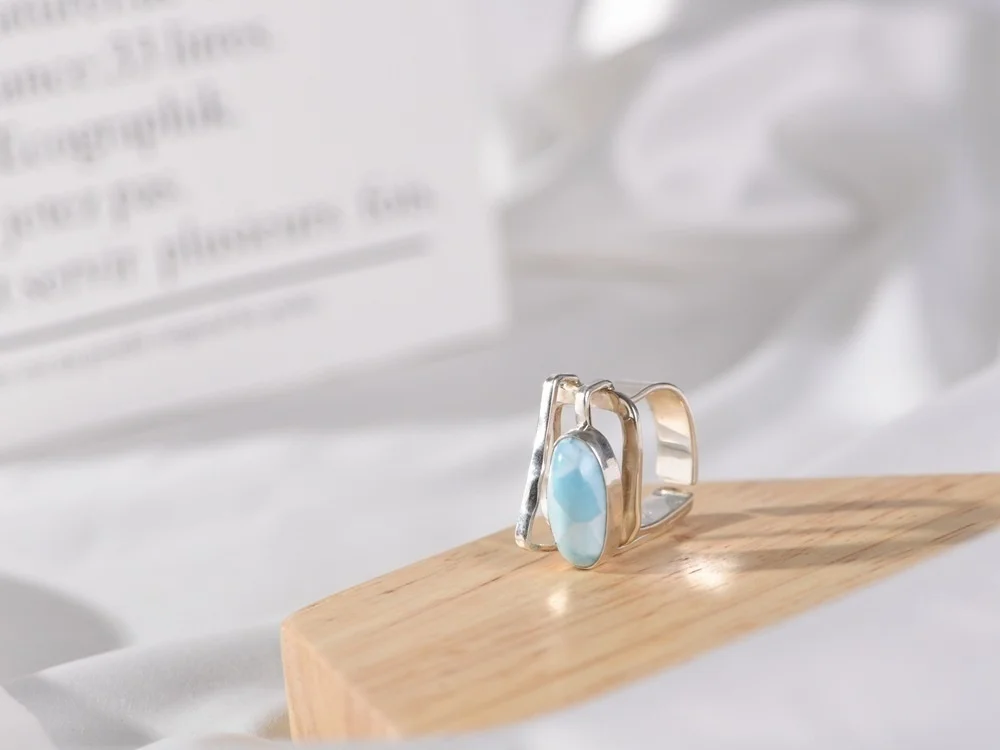 925 Sterling Silver Natural Larimar Irregular Open Big Rings