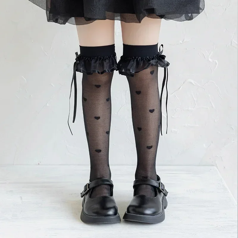 Black White Thin Breathable Lace Knee High Long Sock for Kids Girls Korean Fashion Dot Heart Knee Sock Nylon Cotton School Sock