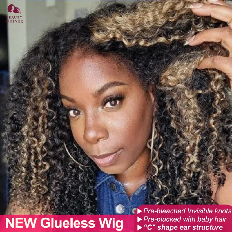 Beautyforever 7x5 Bye Bye Knots Glueless Human Hair Wig Curly Highlighted Human Hair Wig Ready to Wear Precut Lace Front Wig