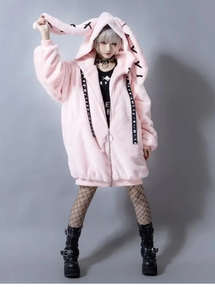 Lautaro Autumn Oversized Sweet Cute Soft Purple Black Faux Fur Coat Women with Bunny Ears Kawaii Loose Fluffy Jacket Hoodie 2023 5