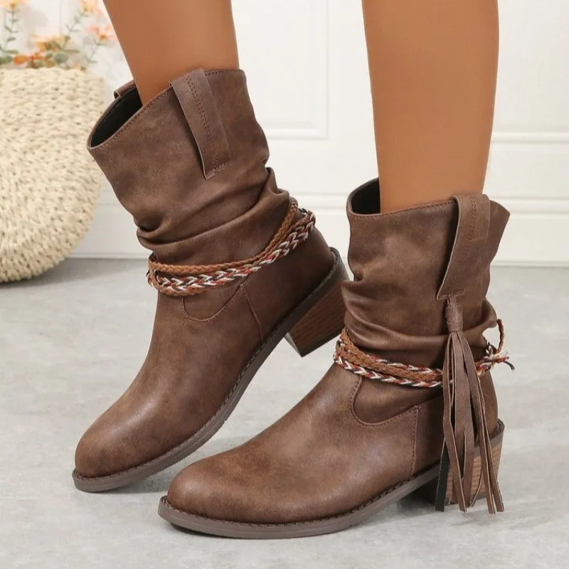 

Women Boots 2023 Winter New PU Square Heel Round Toe Side Zipper Rivet Belt Buckle Boots Female Western Chelsea Shoes for Women