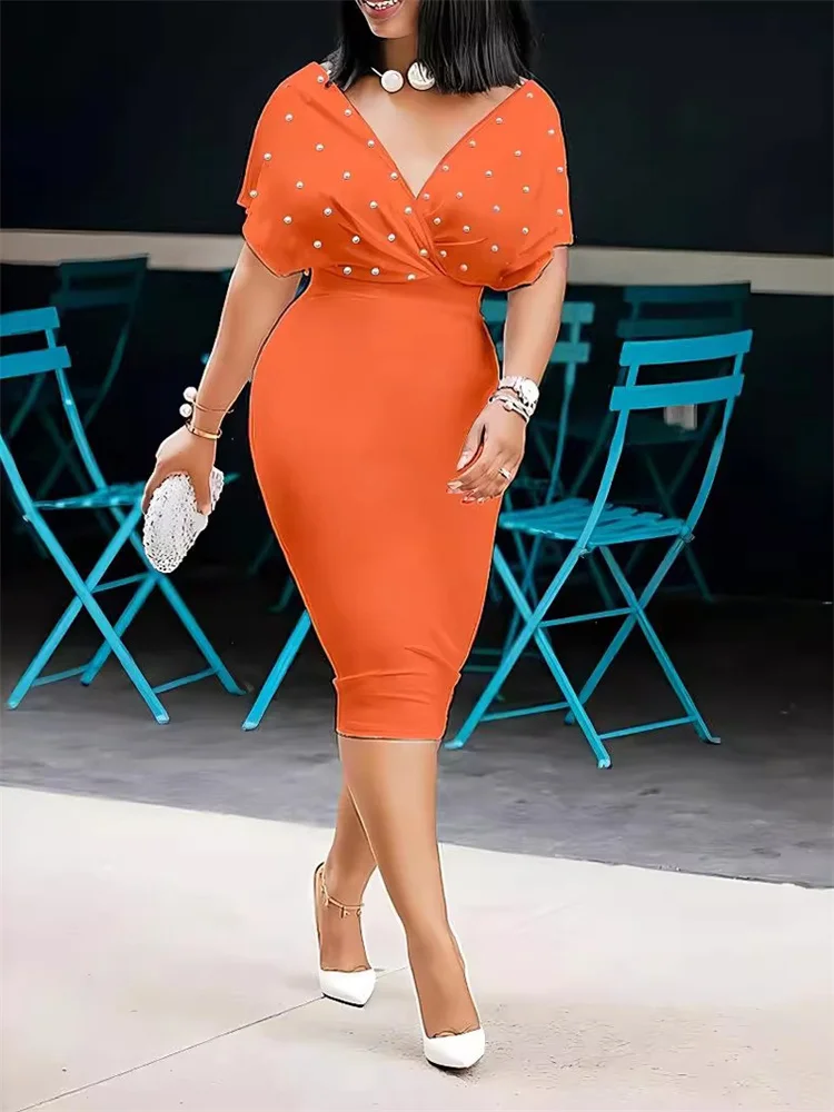 Wmstar Dress Women 2024 Solid Color Strapless V Neck Half Sleeve Back Zipper Bubble Bead Fashion Dresses Wholesale Dropshipping