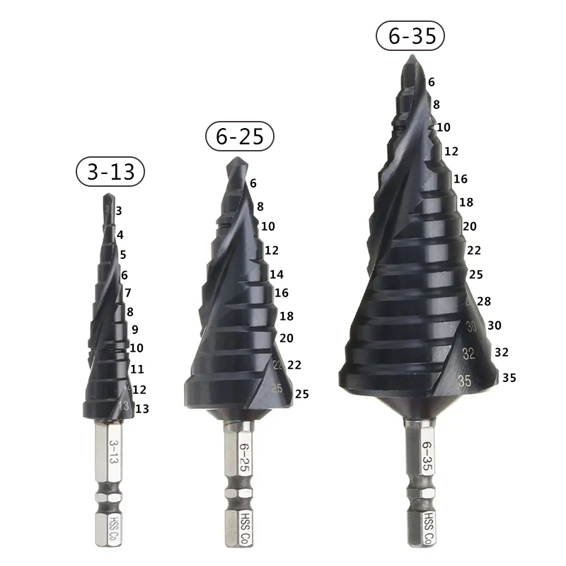 HRC89 M35 Cobalt TiAlN Coated Step Drill Bit 3-13/6-25/6-35mm 1/4 Inch Hex Shank Metal Drilling Hole Opener For Stainless Steel