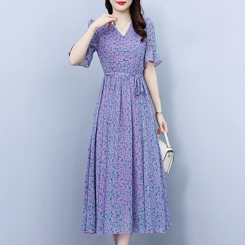 

Summer Purple Vintage Floral Chiffon Midi Sundress 2024 Elegant Women Casual Boho Beach Dress Party Short Sleeve Runway Vestidos