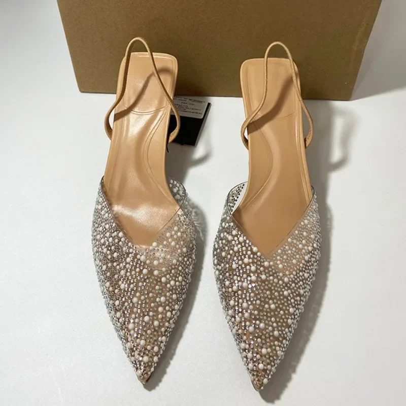 Summer Women's High Heeled Transparent Pointed Toe Pearl Decoration Slingback Sandals