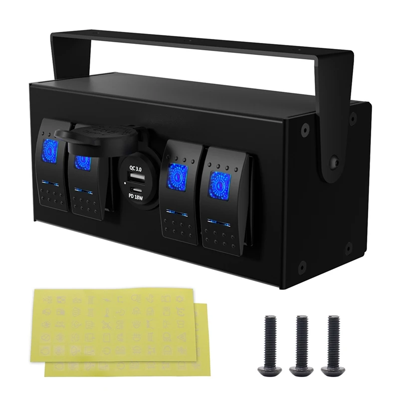 

Control Switch Panel Box Kit Rocker Switch Panel With QC3.0+PD 18W Fast Charge For Marine Boat Truck Car RV 12V-24V Blue LED