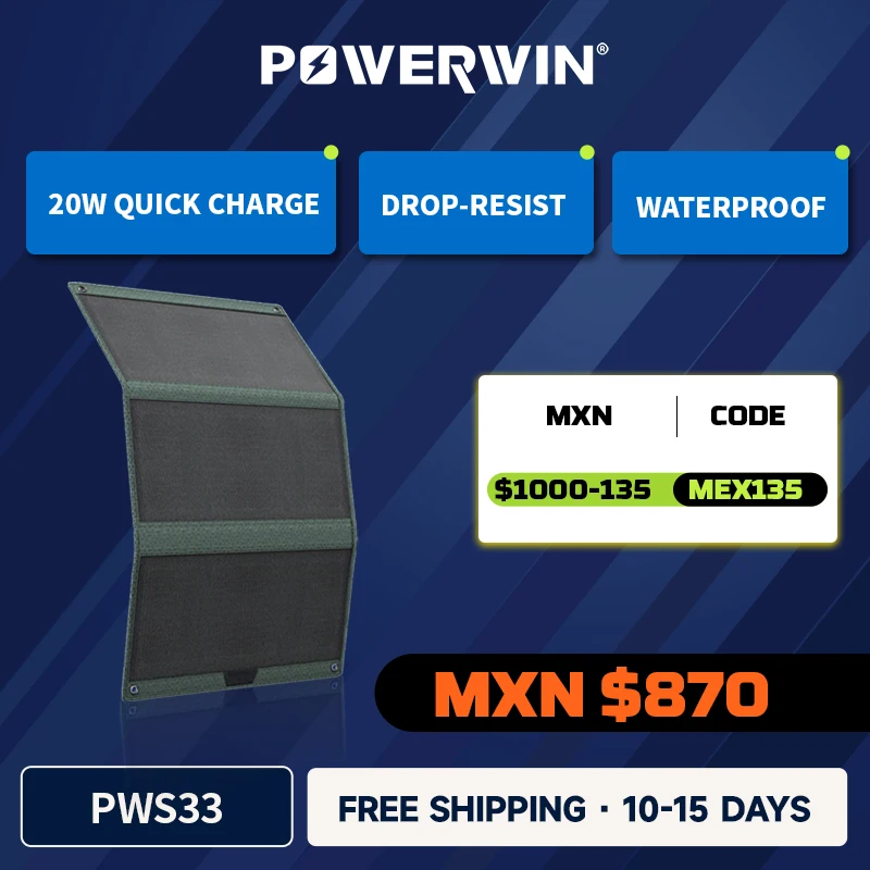 Painel Solar Dobrável Powerwin Pws33 Pd20w Tipo-c Usb e Dc5521 Ip65 Resistente à Água Macio 33w Etfe Flexível de Alta Eficiência