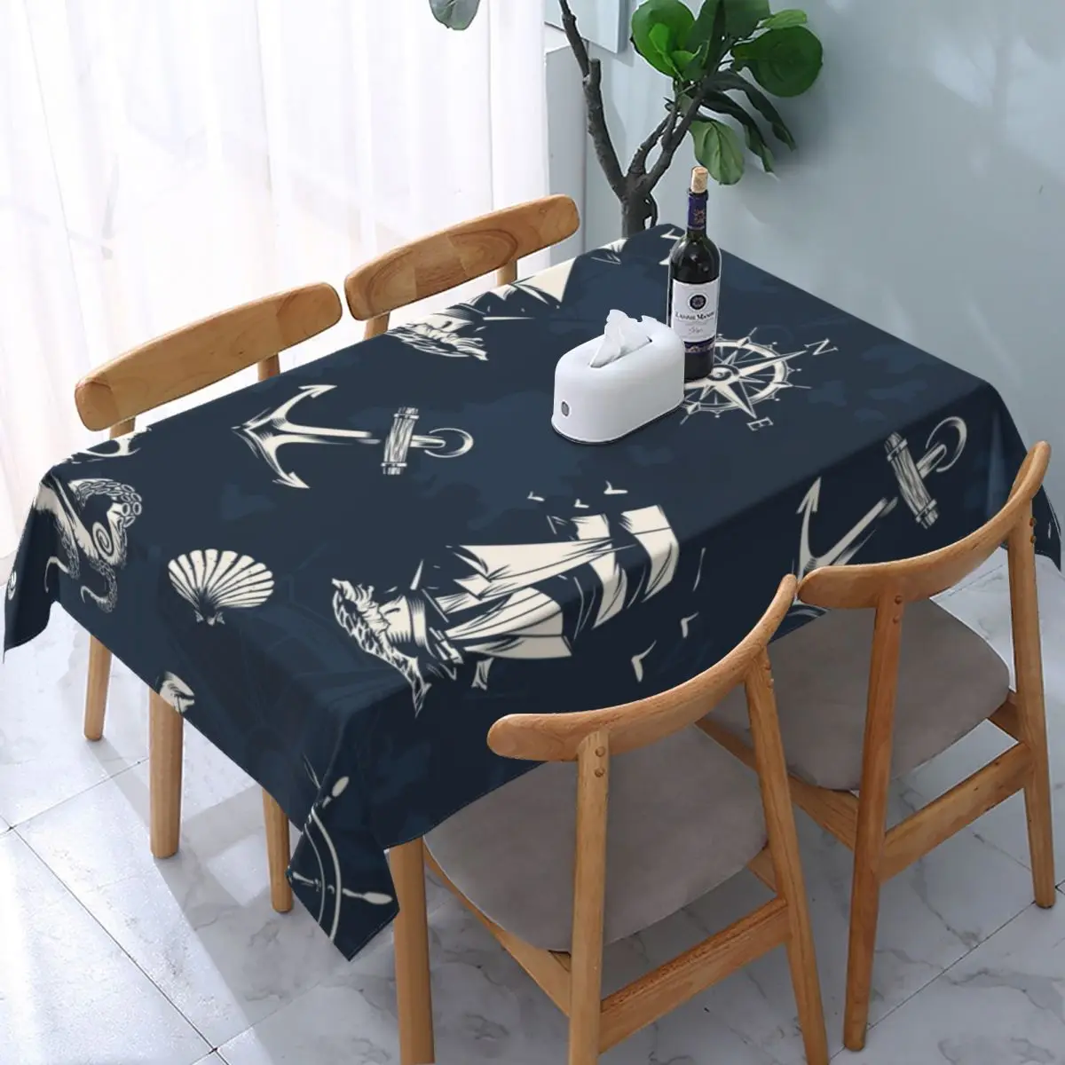

Vintage Nautical Symbol Tablecloth Rectangular Elastic Fitted Waterproof Sailor Anchor Compass Table Cloth Cover for Banquet
