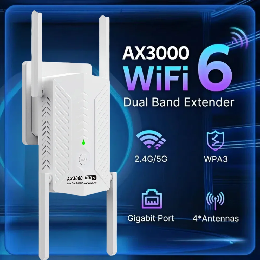 WIFI6 AX3000 Gigabit Wireless Repeater Router Dual Band 2.4/5Ghz Signal Booster 4 High-gain Antenna Long Range Amplifer for Home