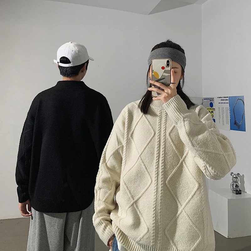 

Korean Fashion Sweater Unisex Elegant Harajuku Diamond Pattern Knitted Pullover Slim Tops Couple Jersey Knitwear Streetwear