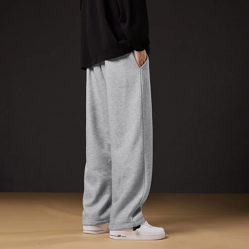 Men's Autumn Winter Solid Bandage Drawstring Elastic High Waisted Pockets Loose Casual Wide Leg Sports Trousers Vintage Pants