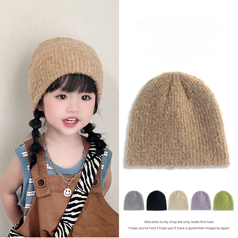 

Autumn Winter Children Beanie Hat Girls Boys Solid Color Windproof Cashmere Knit Warm Hat Soft Elastic Wool Cap for Kids