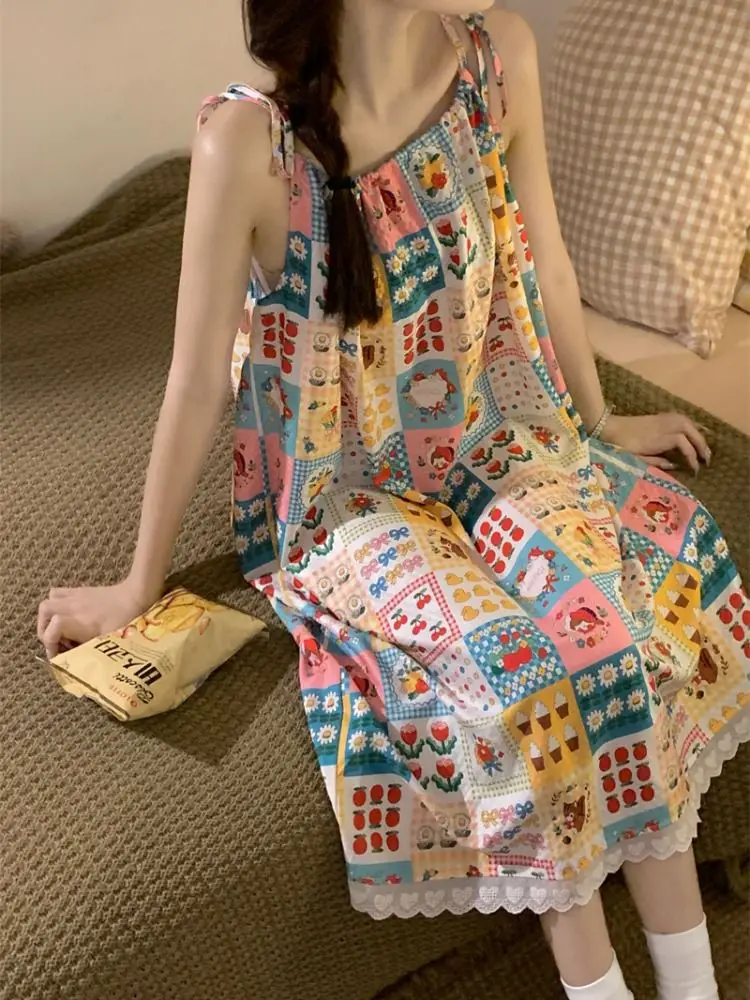 

Cartoon Printed Lace Edge Suspender Pajama Dress for Women's Summer New Instagram Cute Plaid Homewear Dress Cute Pajama Clothes