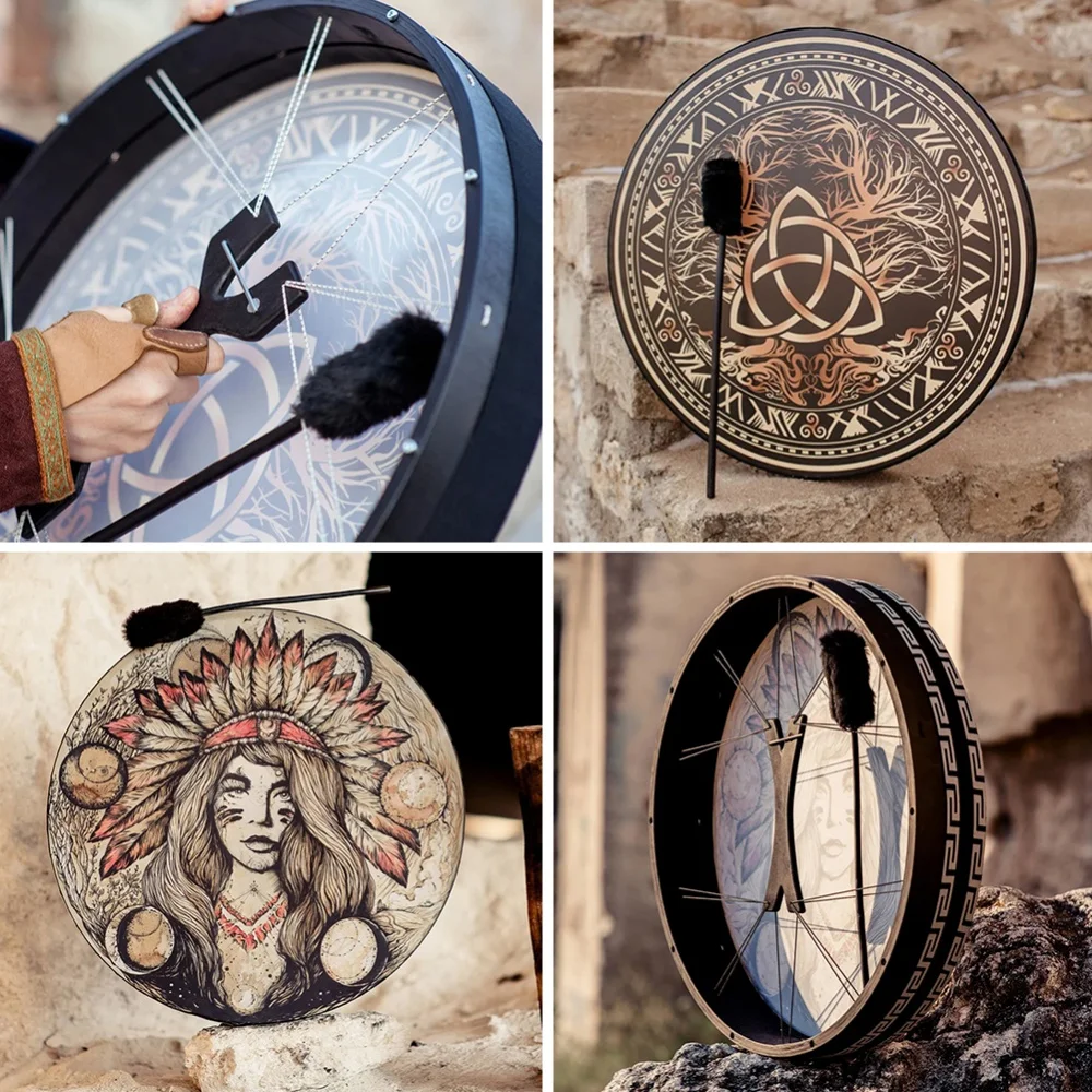 25CM Shaman Drum Tree Of Life Decoration Design Handmade Shamanic Drum Siberian Spirit Music with Drumstick Drums Home Ornament