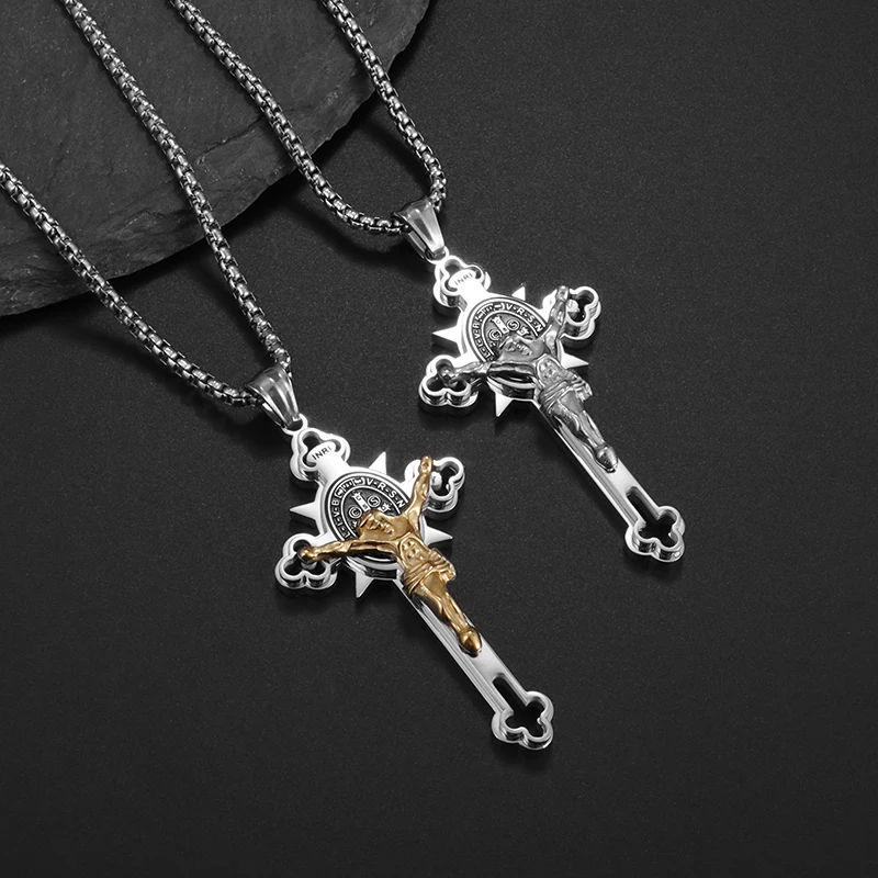 

High Quality Vintage Christian Saint Benedict Cross Pendant Necklace for Men Women Party Street Amulet Jewelry Gift