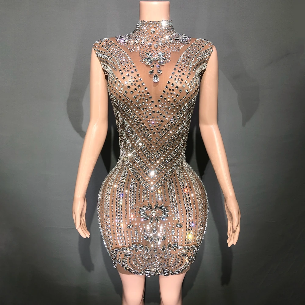 

Luxurious Full Rhinestones Short Dress for Women Evening Prom Celebrate Dress Sexy Mesh Transparent Singer Show Stage Wear