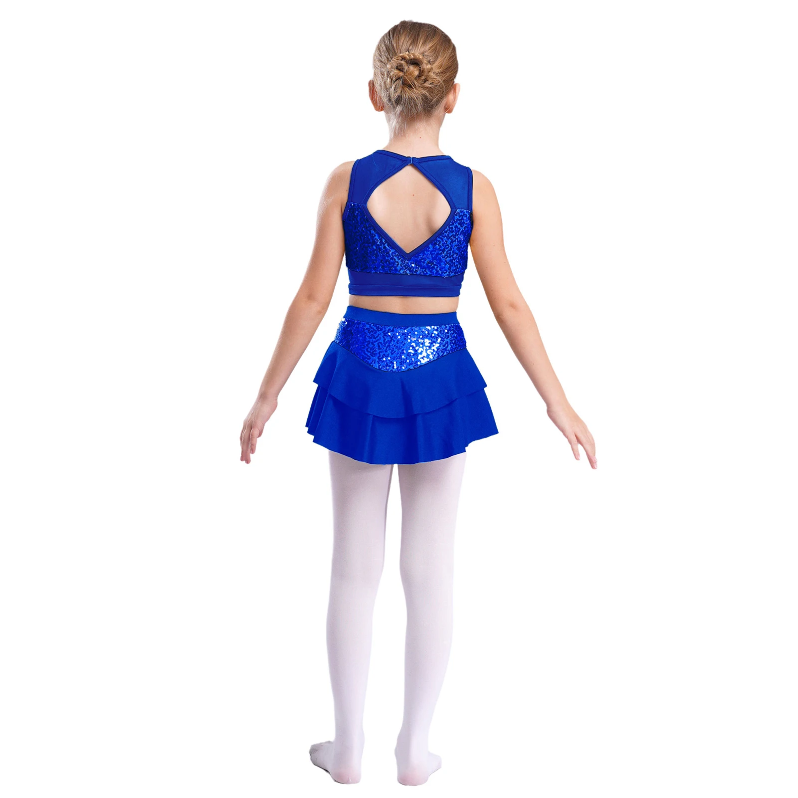 Kinder Mädchen Glänzende Pailletten Cheerleading-Uniform Cheerleader Ballett Jazz Tanz Performance-Kostüm Crop-Top mit Stufenrock für – Detail 12