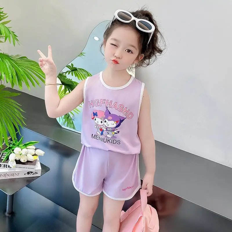 

2024 Kuromi Girls Sleeveless Vest Kawaii Sanrioed Anime My Melody Tops Summer Sweet Cute Cartoon Babys Sports Suit Gift for Kids