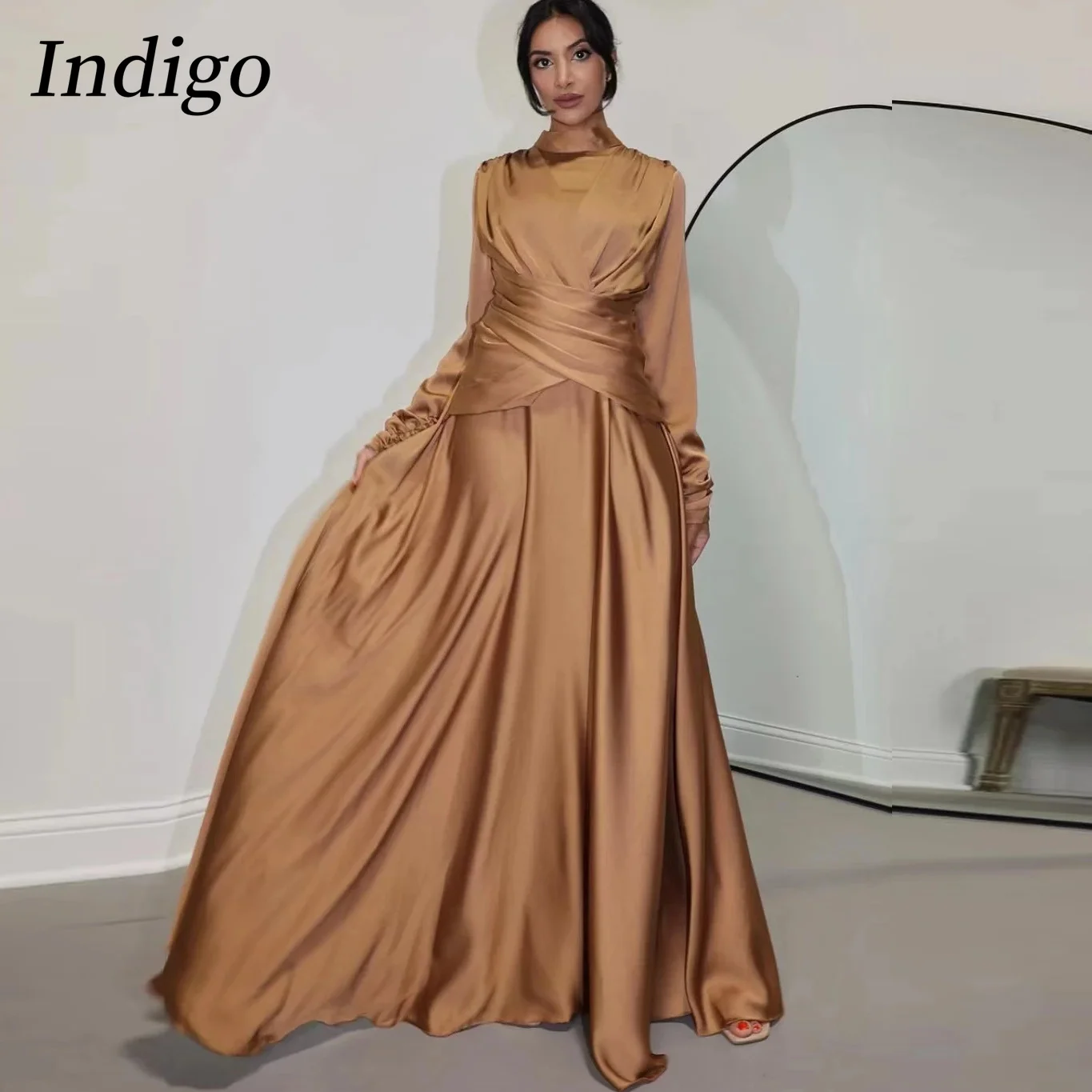 

Indigo Muslim Evening Dresses High Neck Full Sleeve A Line Women Simple Elegant Party Occasion Dress 2024 robes de soirée