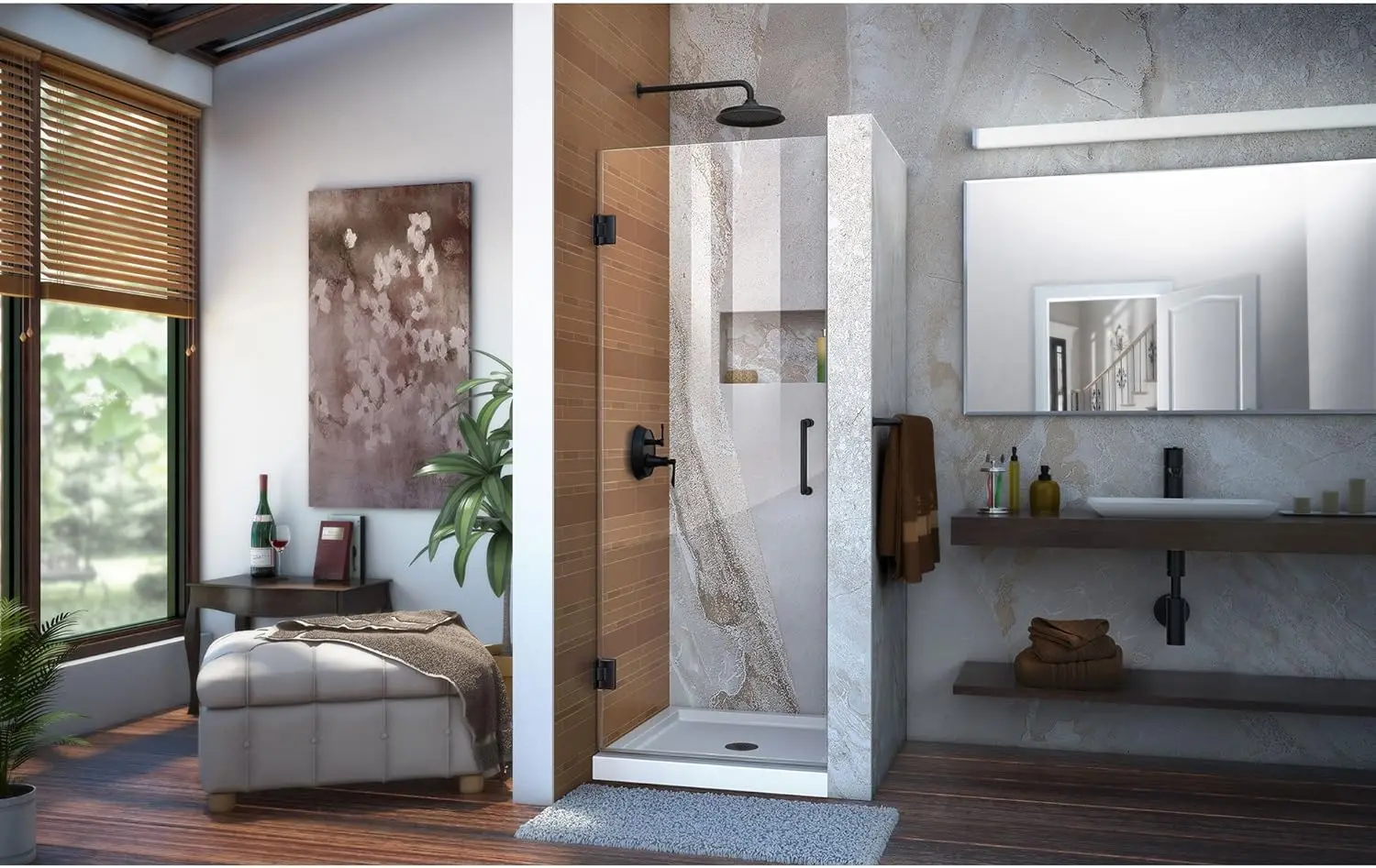Unidoor Frameless Hinged Shower Door in Satin Black Professional installation recommended stain resistant glass coating 5