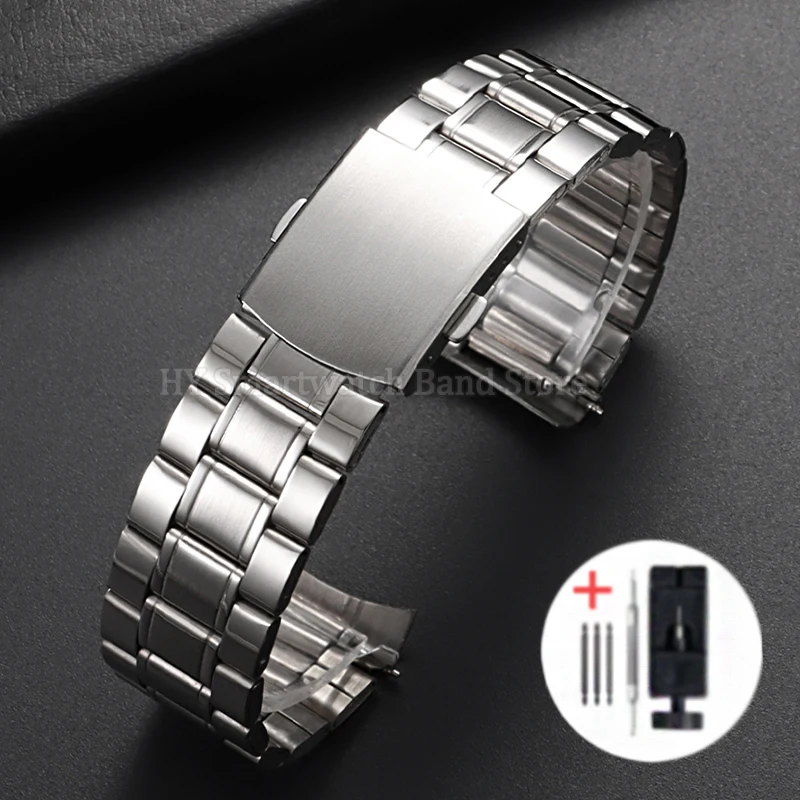 Sleek Stainless Steel Curved End Watch Band with Folding Buckle