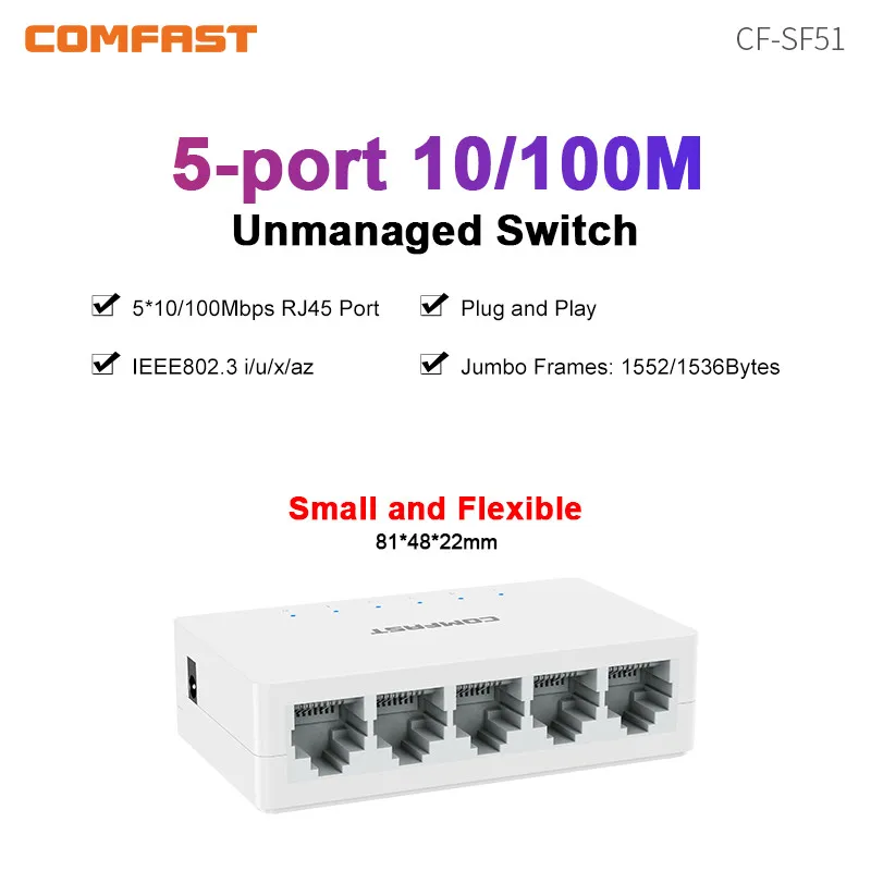 COMFAST 5 포트 이더넷 스위치, 1K 자동 MDI/MDIX IEEE 802.3x 휴대용 플러그 앤 플레이 스위치, 홈 엔터프라이즈 네트워크 포트 확장