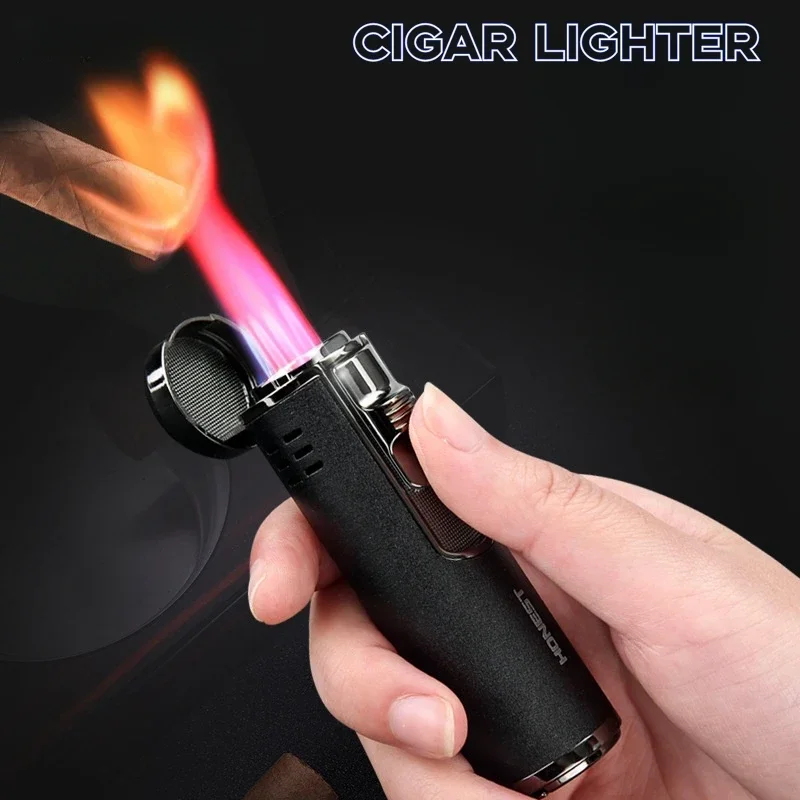 

HONEST Metal Four Straight Red Flame Cigar Lighter Windproof Powerful Torch Butane Gas Lighter with Cigar Drill Smoking Set