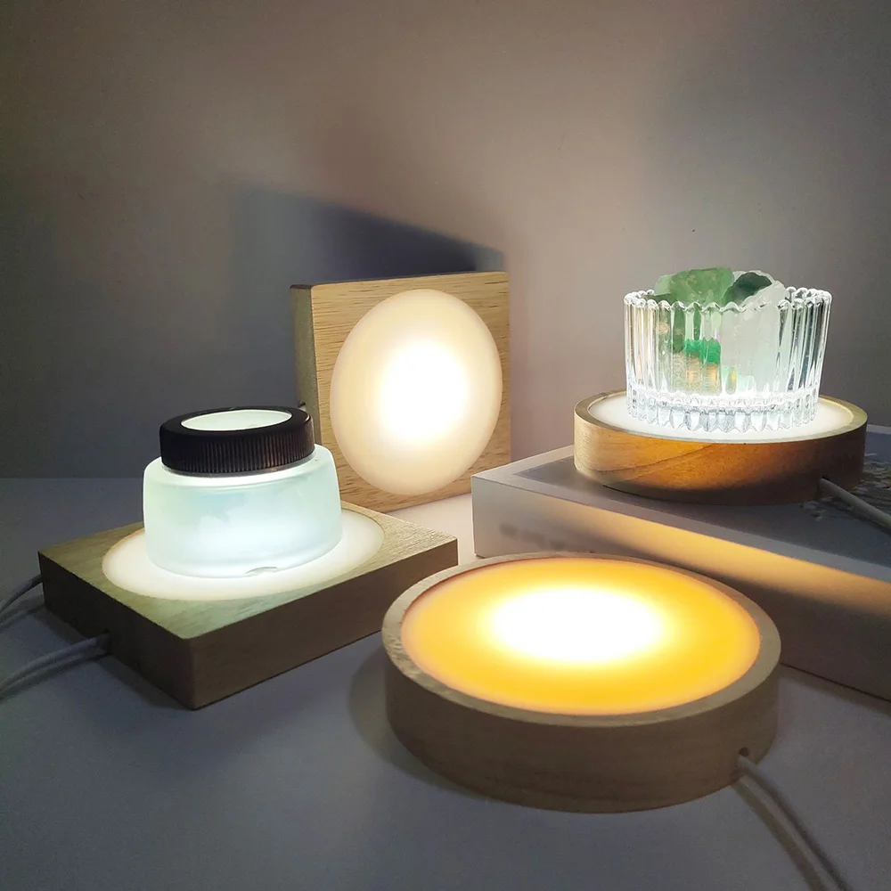 LED Lamp Base 10cm Wood Light Base USB Powered Multi-color Wooden LED Light Base Display Stand Lamp Holder Lamp Art Ornament