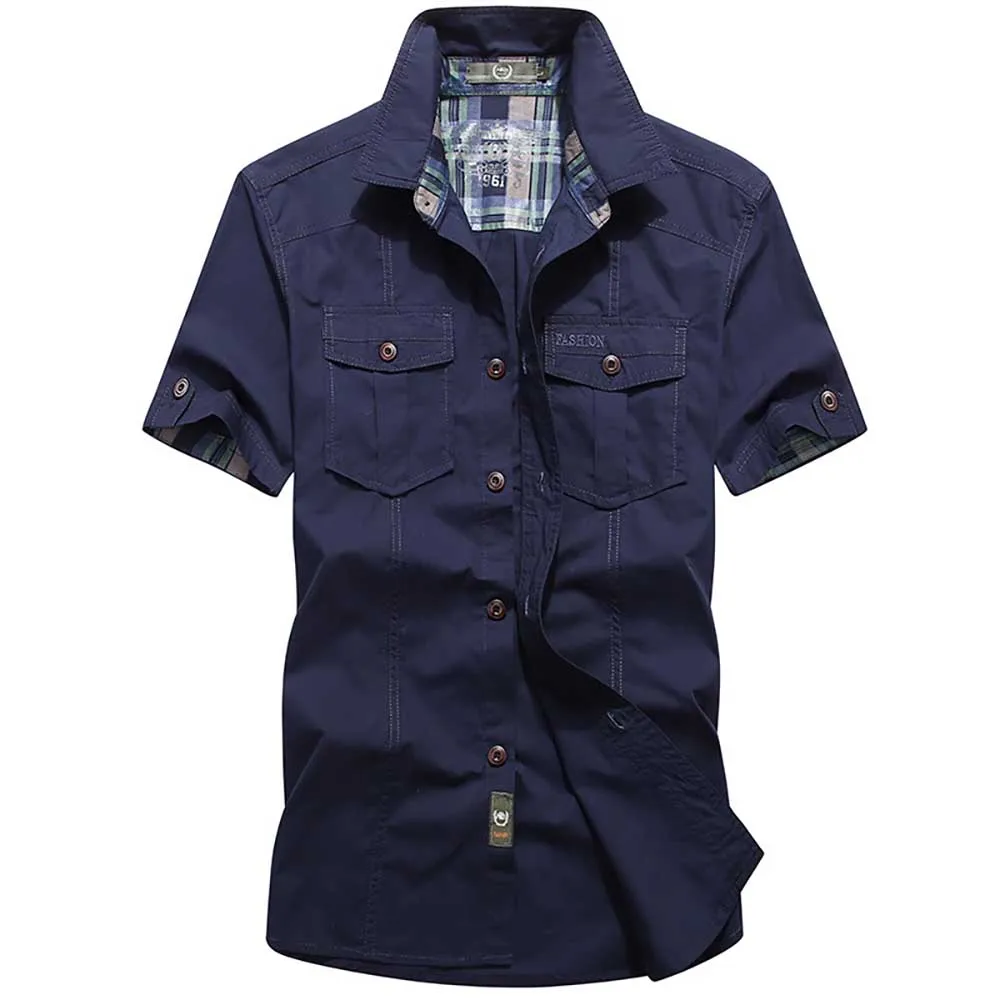 Casual Short Sleeved Shirt Short Sleeved Shirt Button Down Shirt Summer Cotton Casual Shirts Men Loose Shirts Short Sleeve Turn-down Collar Military Style Male Tops