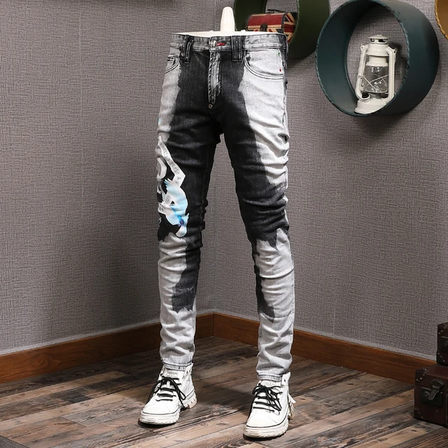 Luxe Donker worden Savant Street Fashion Men Jeans High Quality Black Gray Stretch Elastic Slim Fit  Printed Jeans Men Brand Designer Hip Hop Pants Hombre - Jeans - AliExpress