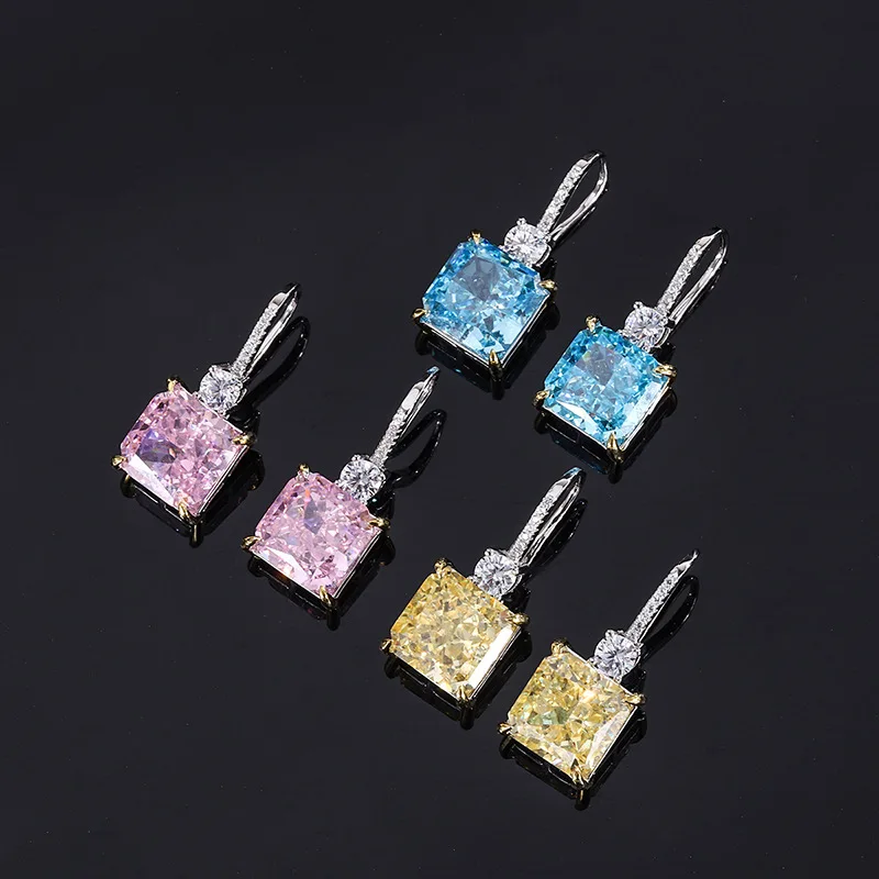 

Classic 9.5*9.5mm Yellow Pink Blue Square High Carbon Diamond Earrings For Women 925 Sterling Silver Piercing Engagement Wedding