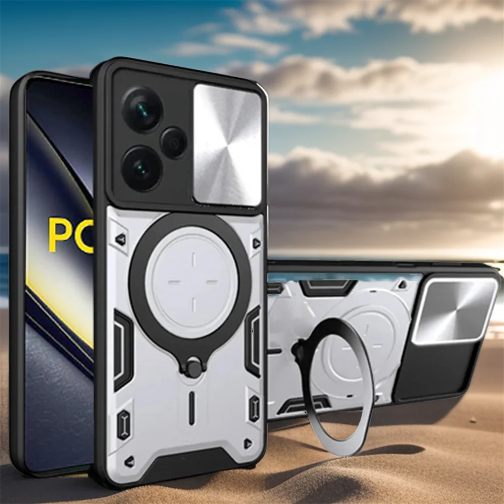 Magnetic Slide Camera Case with Armor Ring Holder and MagSafe Compatibility