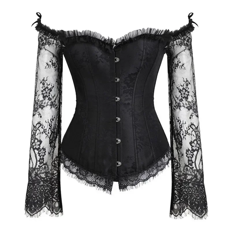 Woman Corsets Bustiers Top Off Shoulder Sleeve Floral Overbust Vintage Corsetl
