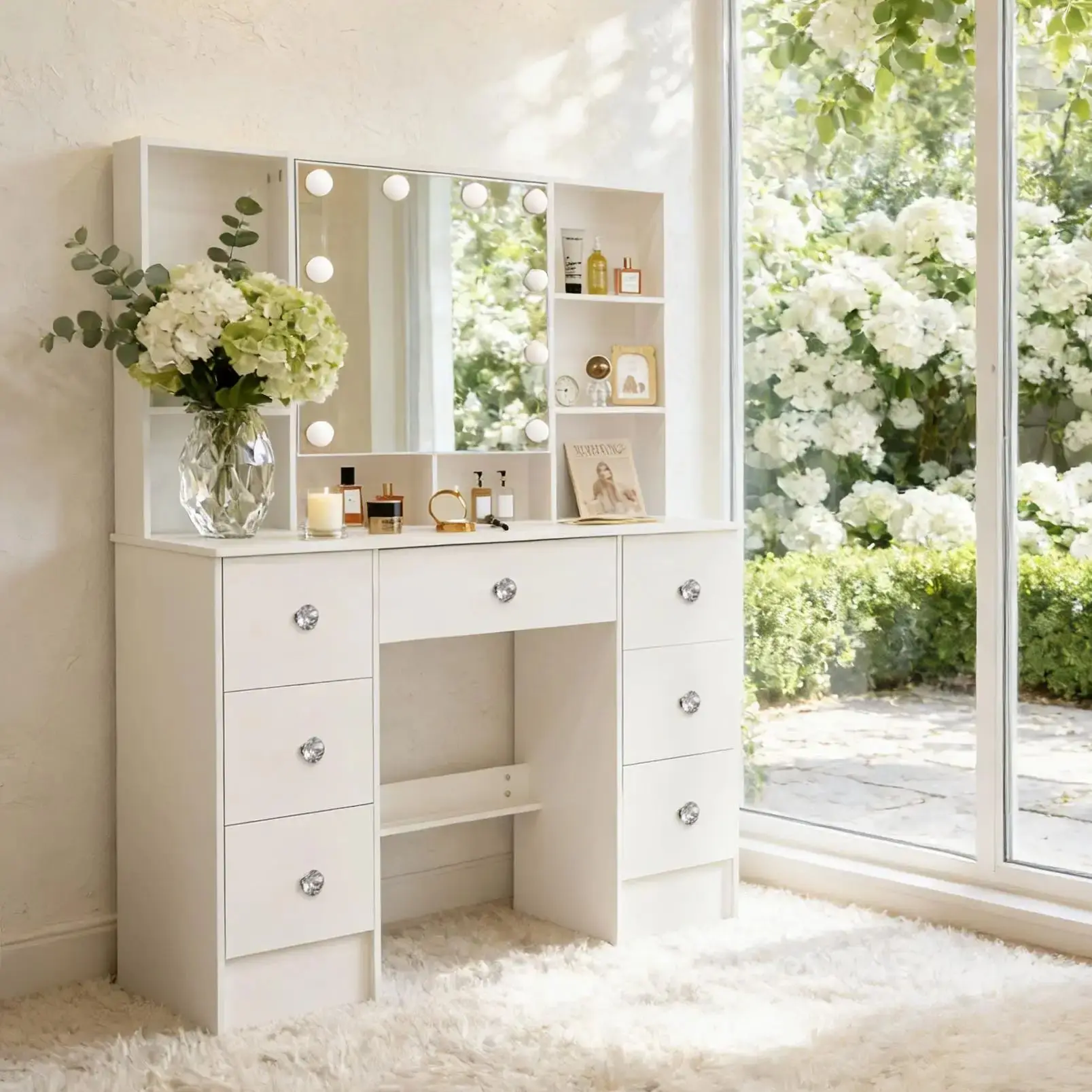 Teousev Modern Hollywood Makeup Vanity Desk with 7 Drawers & 10 Dimmable LED Lights, Large HD Mirror Dressing Table for Bedroom