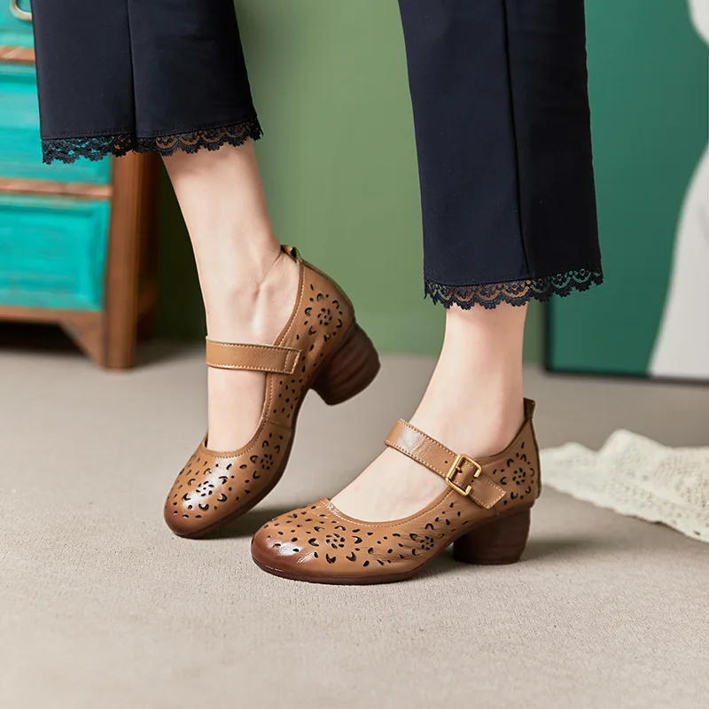Real Leather Cutout Pumps Shoes for Women's Med Round Heels Elegant Mary Janes Work Dress Office Party Shoes Woman Holes Sandals