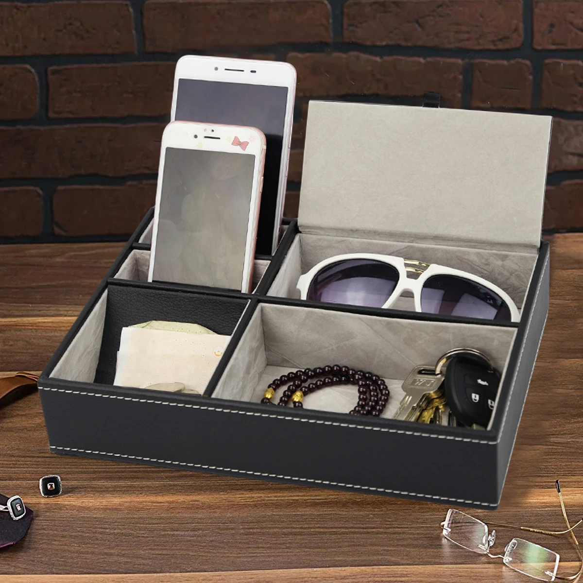 Faux Leather Men's Valet Tray Office Desktop Storage Box with 5 Compartments Multifunctional Bedside Table Organizer for Desktop