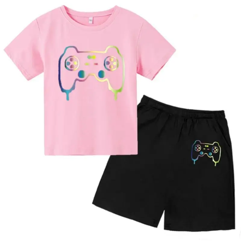 thumbnail image 1 of Conjunto de camiseta y pantalones cortos con estampado de máquina de juego de arte de grafiti para niños, moda de verano, informal, de manga corta, para niños y niñas, 1 of 5