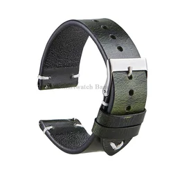 Handmade Retro Red Brown Leather Watch Band - Quick Release Calfskin Strap - 22mm (Green)