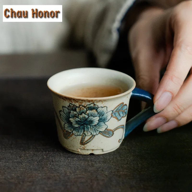 55ml Blue And White Flint Red Teacup Handmade Gold Drawing Peony Flower Tea Bowl Sample Tea Cup Master Cups For Tea Drinkware