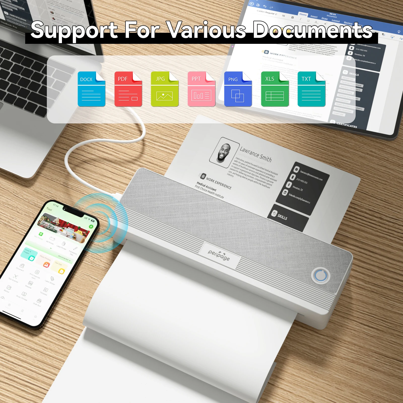 Peripage 미니 휴대용 A4 열전사 프린터가 포함된 A4 열전사 용지는 사무실 홈용 무잉크 블루투스 사진 HD 인쇄 프린터입니다.