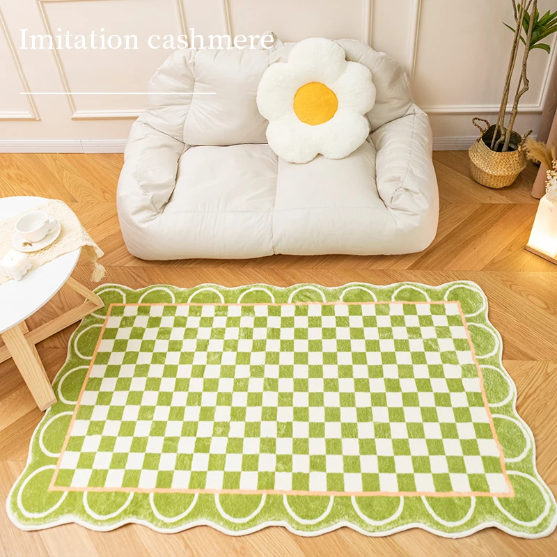 

Ins Green Plaid Rugs for Bedroom Nordic Minimalist Bedside Rug Large Area Carpets for Living Room Checkerboard Cloakroom Carpet