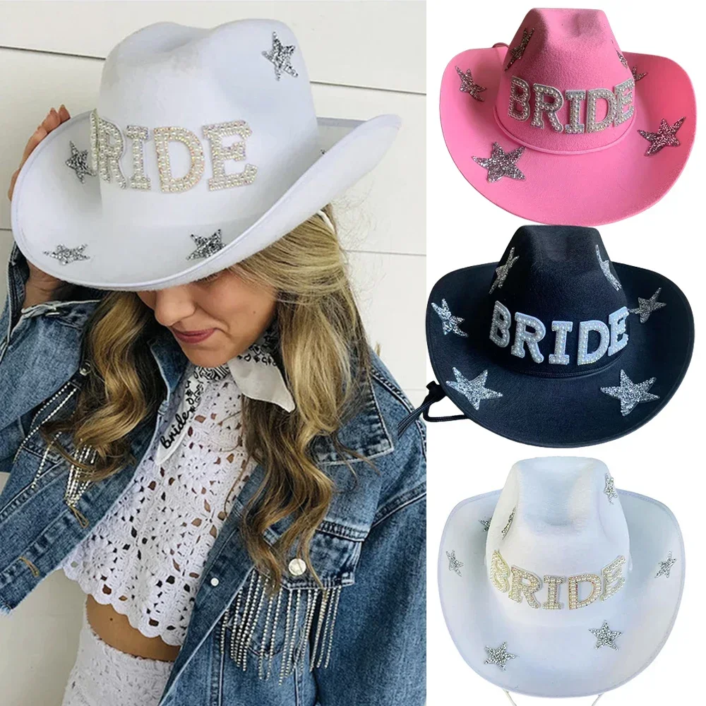 Western Cowboy Hat Bride Letter Stars Diamond Tiara Cowgirl Cap Costume Cosplay Party Play Dress Up
