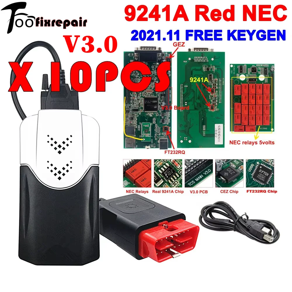 Hurtownia 10 szt. Multidiag V2021.11 Darmowy Keygen Czerwone Przekaźniki NEC V3.0 Real 9241A FT232RL Wielojęzyczny VD150 DS150 Uniwersalny TCS