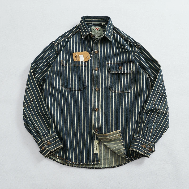 Heavy vertical stripe cargo denim shirt Men do old washed cotton elbow stick cloth lapel long sleeve shirt jacket denim shirt,long sleeved shirt